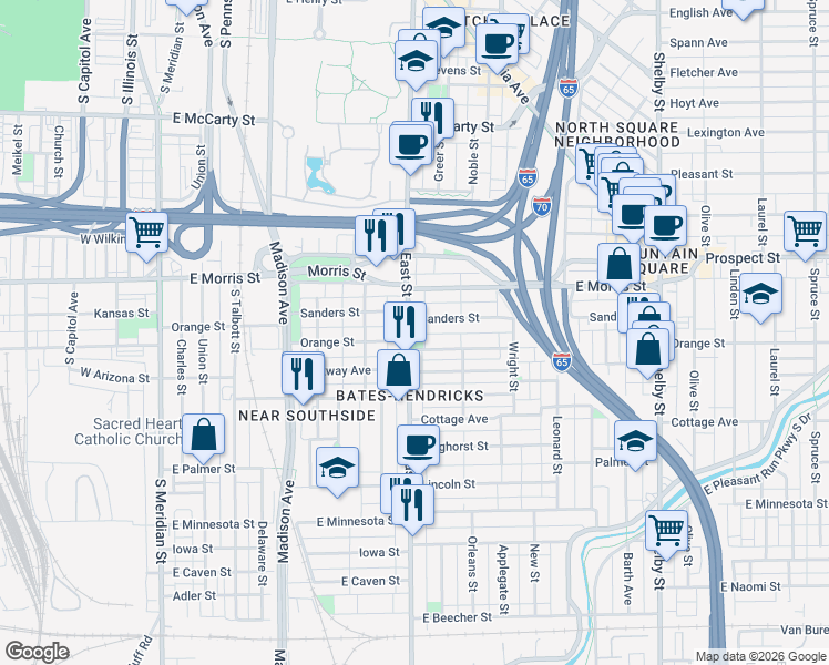map of restaurants, bars, coffee shops, grocery stores, and more near 1259 South East Street in Indianapolis