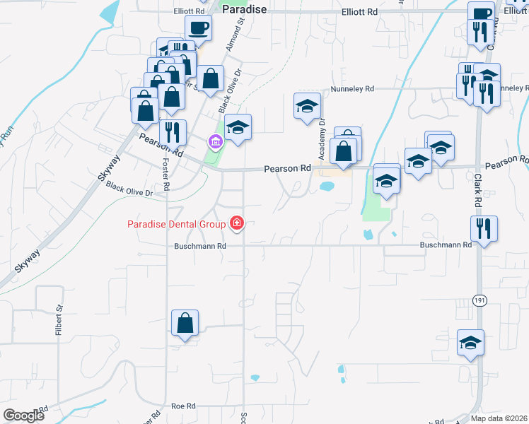 map of restaurants, bars, coffee shops, grocery stores, and more near 790 Highland Lane in Paradise