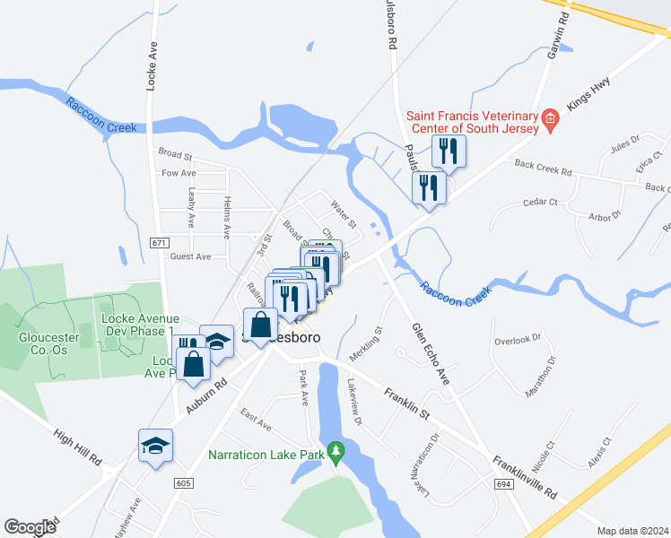 map of restaurants, bars, coffee shops, grocery stores, and more near 1209 Kings Highway in Swedesboro