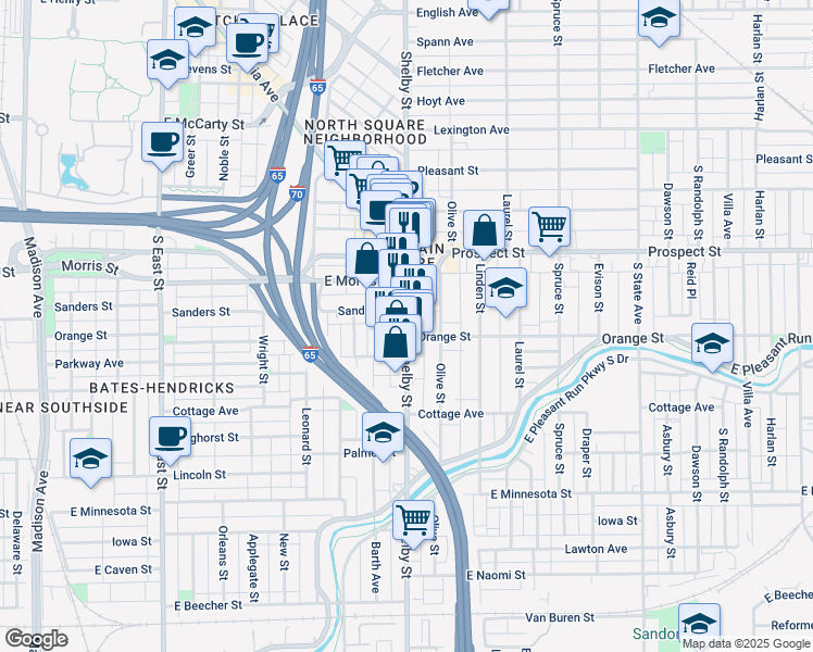 map of restaurants, bars, coffee shops, grocery stores, and more near 1260 Shelby Street in Indianapolis