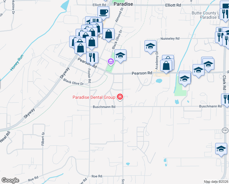 map of restaurants, bars, coffee shops, grocery stores, and more near 734 Highland Lane in Paradise