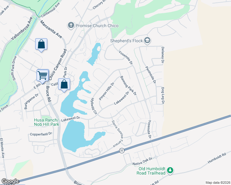 map of restaurants, bars, coffee shops, grocery stores, and more near 4 Stoney Point Way in Chico