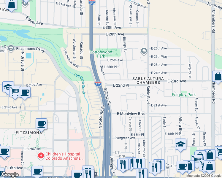 map of restaurants, bars, coffee shops, grocery stores, and more near 14056 East 22nd Place in Aurora