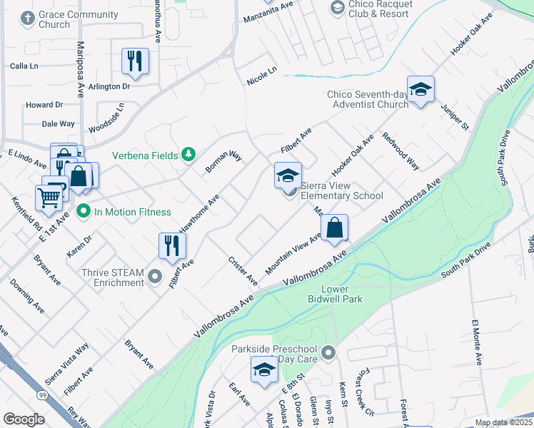 map of restaurants, bars, coffee shops, grocery stores, and more near 78 Saint Francis Drive in Chico