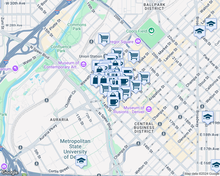 map of restaurants, bars, coffee shops, grocery stores, and more near 1517 Blake Street in Denver