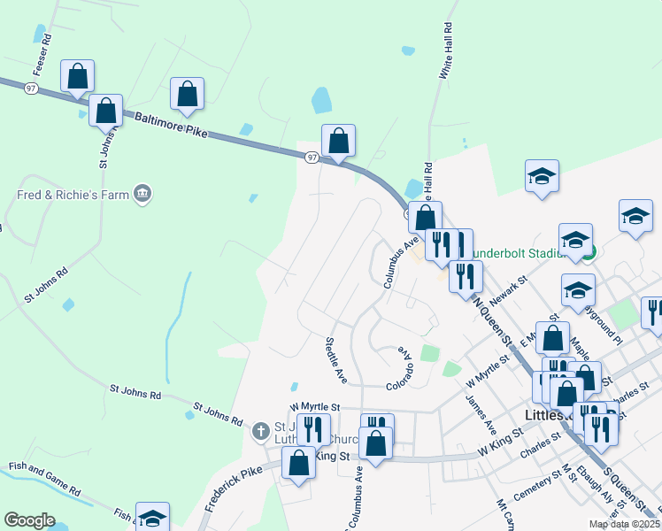 map of restaurants, bars, coffee shops, grocery stores, and more near 118 Stoners Circle in Littlestown