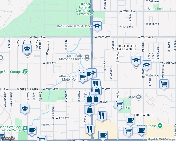 map of restaurants, bars, coffee shops, grocery stores, and more near 2201 Wadsworth Boulevard in Lakewood