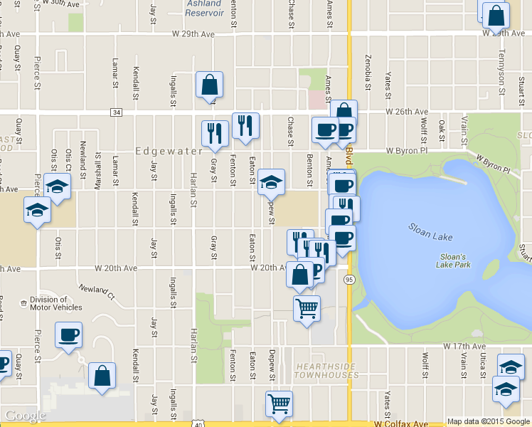 map of restaurants, bars, coffee shops, grocery stores, and more near 2235 Depew Street in Edgewater