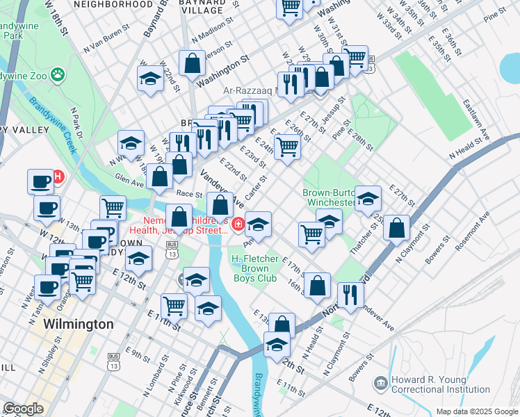 map of restaurants, bars, coffee shops, grocery stores, and more near 2104 Jessup Street in Wilmington