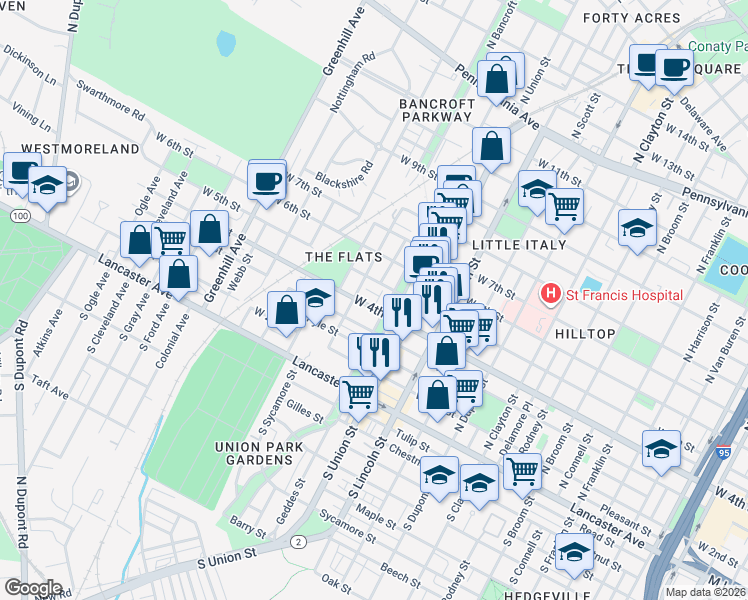 map of restaurants, bars, coffee shops, grocery stores, and more near 2 Servan Court in Wilmington