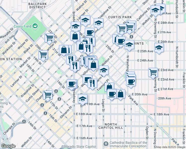 map of restaurants, bars, coffee shops, grocery stores, and more near 600 22nd Street in Denver