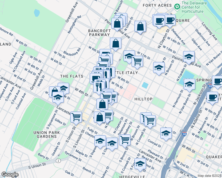 map of restaurants, bars, coffee shops, grocery stores, and more near 1813 West 6th Street in Wilmington