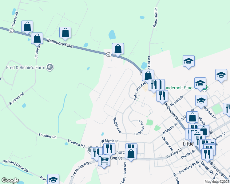 map of restaurants, bars, coffee shops, grocery stores, and more near 118 Stoners Circle in Littlestown