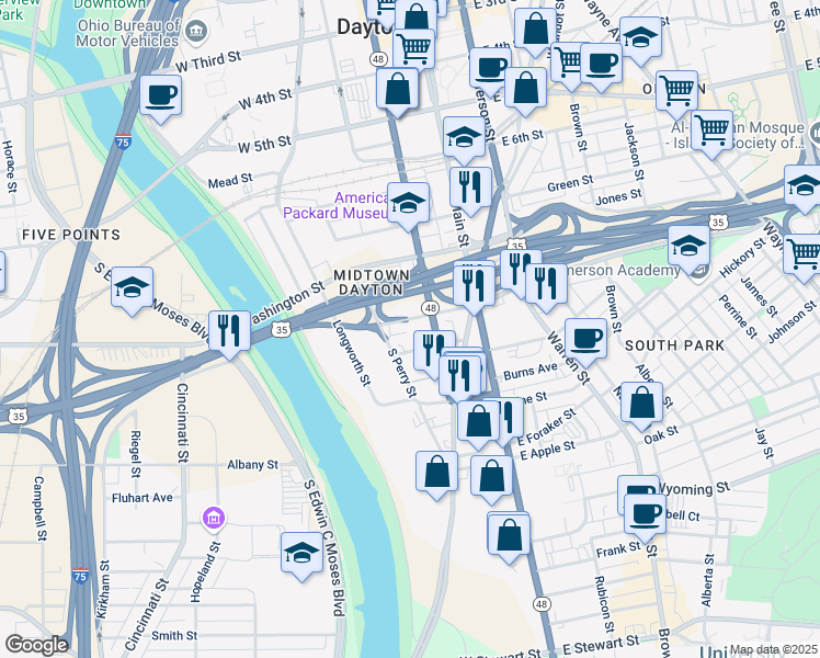 map of restaurants, bars, coffee shops, grocery stores, and more near 120 Zeigler Street in Dayton