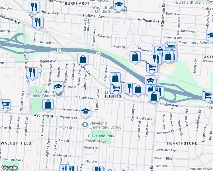map of restaurants, bars, coffee shops, grocery stores, and more near 1300 Linden Avenue in Dayton