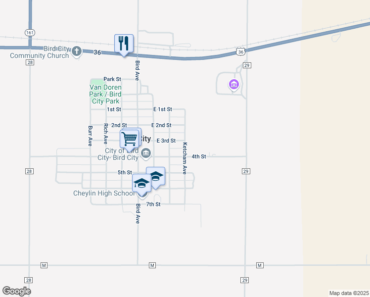 map of restaurants, bars, coffee shops, grocery stores, and more near 283 Ketcham Avenue in Bird City