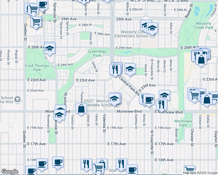 map of restaurants, bars, coffee shops, grocery stores, and more near 2257 Verbena Street in Denver