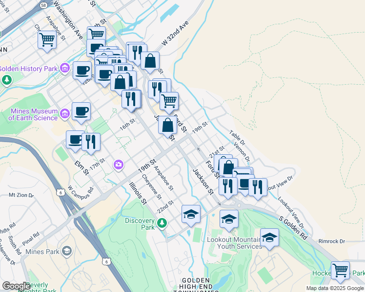 map of restaurants, bars, coffee shops, grocery stores, and more near in Golden
