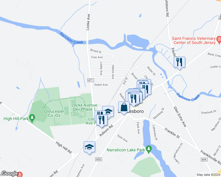 map of restaurants, bars, coffee shops, grocery stores, and more near 401 Helms Avenue in Swedesboro