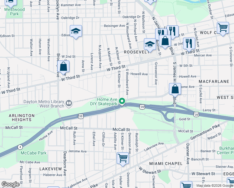 map of restaurants, bars, coffee shops, grocery stores, and more near 215 South Kilmer Street in Dayton