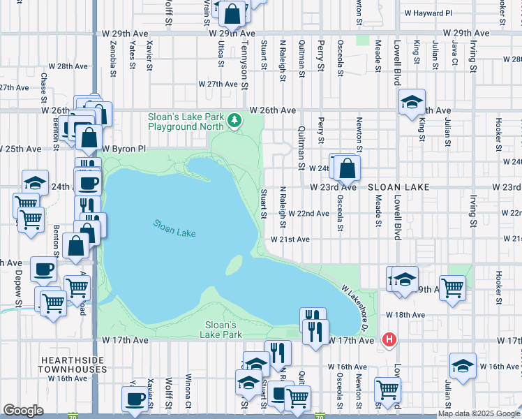 map of restaurants, bars, coffee shops, grocery stores, and more near 2201 Stuart Street in Denver