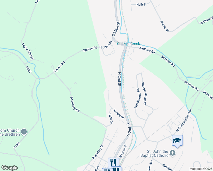 map of restaurants, bars, coffee shops, grocery stores, and more near 15334 Revere Drive in New Freedom