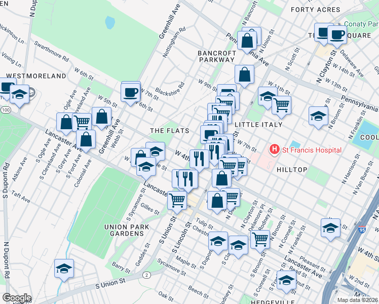 map of restaurants, bars, coffee shops, grocery stores, and more near 2 Servan Court in Wilmington