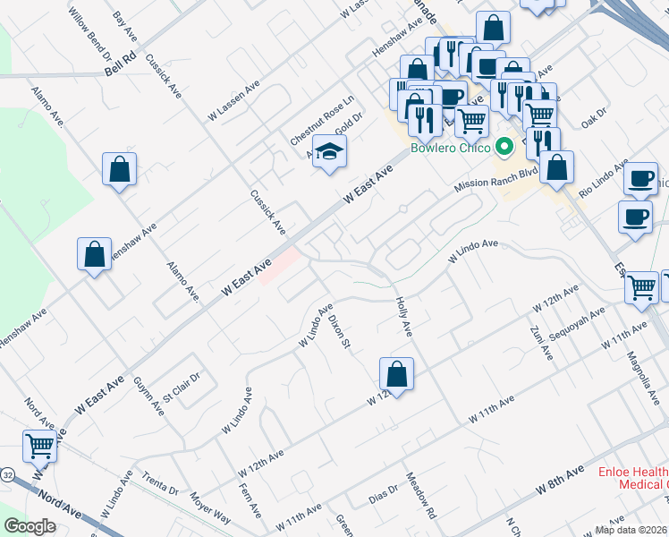 map of restaurants, bars, coffee shops, grocery stores, and more near 2403 Holly Avenue in Chico