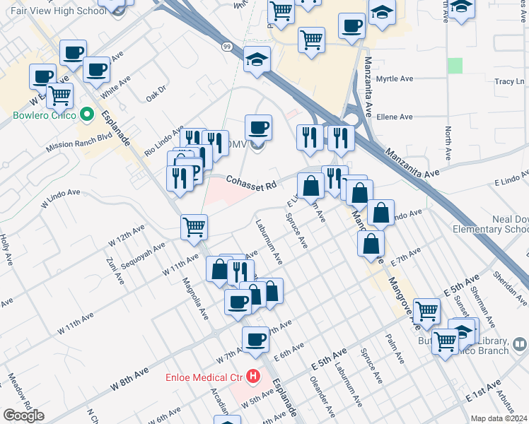 map of restaurants, bars, coffee shops, grocery stores, and more near 365 East Lindo Avenue in Chico