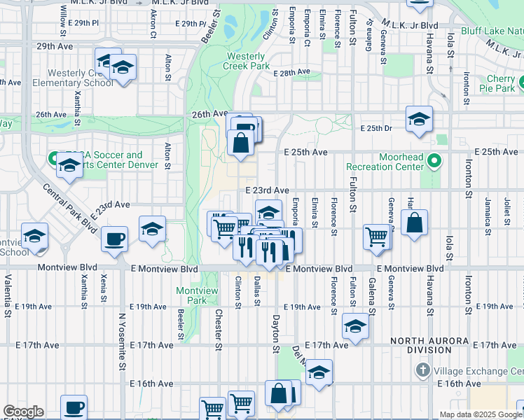 map of restaurants, bars, coffee shops, grocery stores, and more near 2240 Dallas Street in Aurora