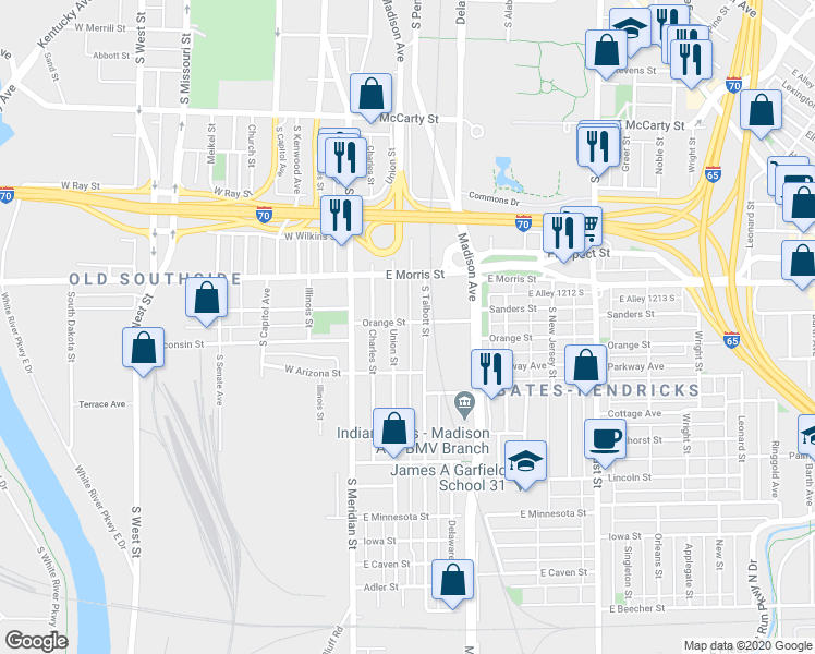 map of restaurants, bars, coffee shops, grocery stores, and more near 51 Orange Street in Indianapolis