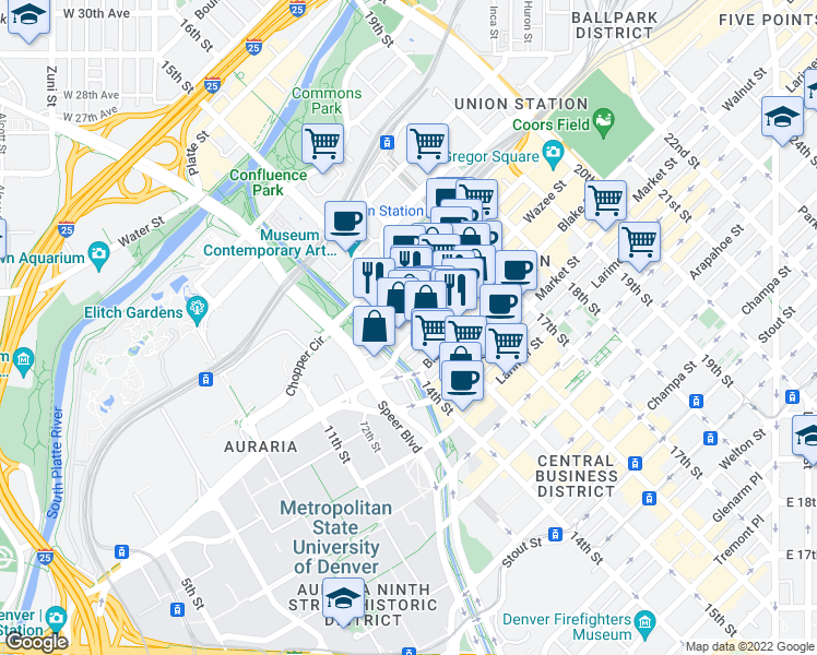 map of restaurants, bars, coffee shops, grocery stores, and more near 1450 Wazee Street in Denver