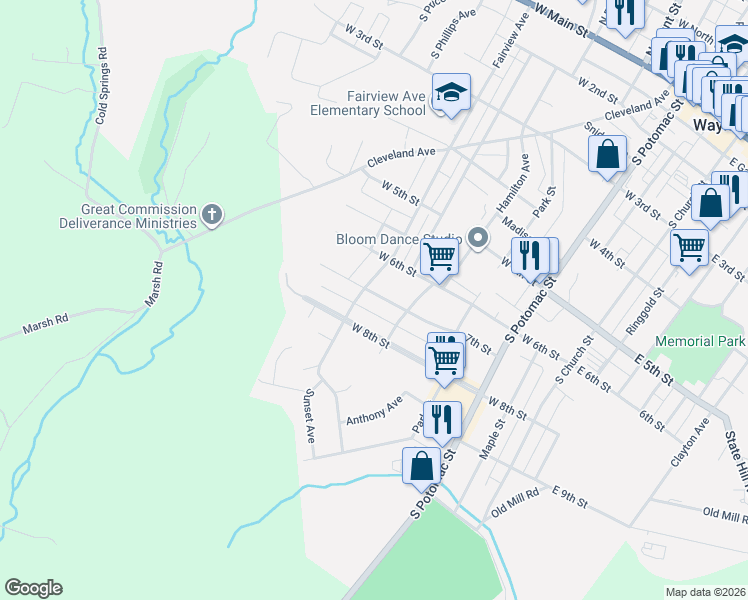 map of restaurants, bars, coffee shops, grocery stores, and more near 425 7th Street in Waynesboro
