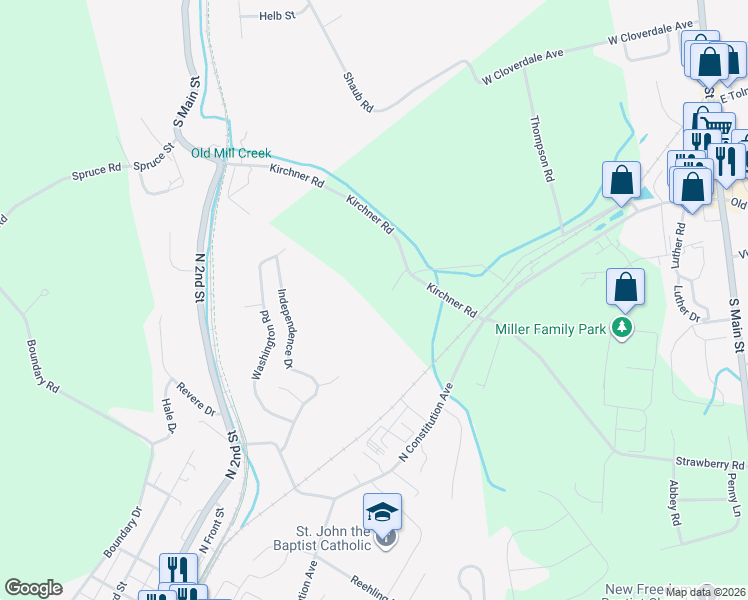 map of restaurants, bars, coffee shops, grocery stores, and more near 1001 Kirchner Road in New Freedom