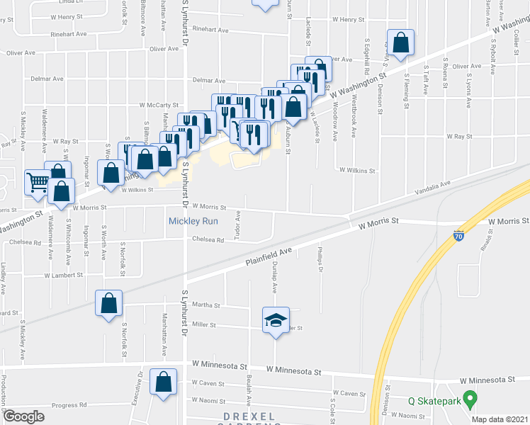 map of restaurants, bars, coffee shops, grocery stores, and more near 5039 West Morris Street in Indianapolis