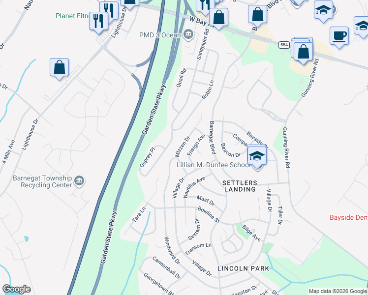 map of restaurants, bars, coffee shops, grocery stores, and more near 2 Admiral Court in Barnegat Township