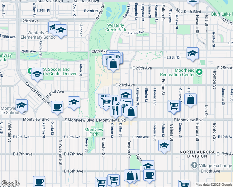 map of restaurants, bars, coffee shops, grocery stores, and more near 9591 East 22nd Avenue in Aurora