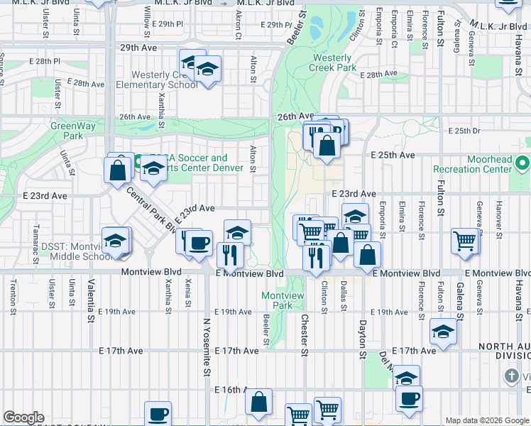 map of restaurants, bars, coffee shops, grocery stores, and more near 9138 East 23rd Avenue in Denver