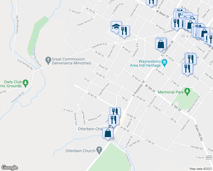 map of restaurants, bars, coffee shops, grocery stores, and more near 504 Hamilton Avenue in Waynesboro