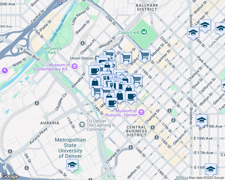 map of restaurants, bars, coffee shops, grocery stores, and more near 1445 16th Street Mall in Denver