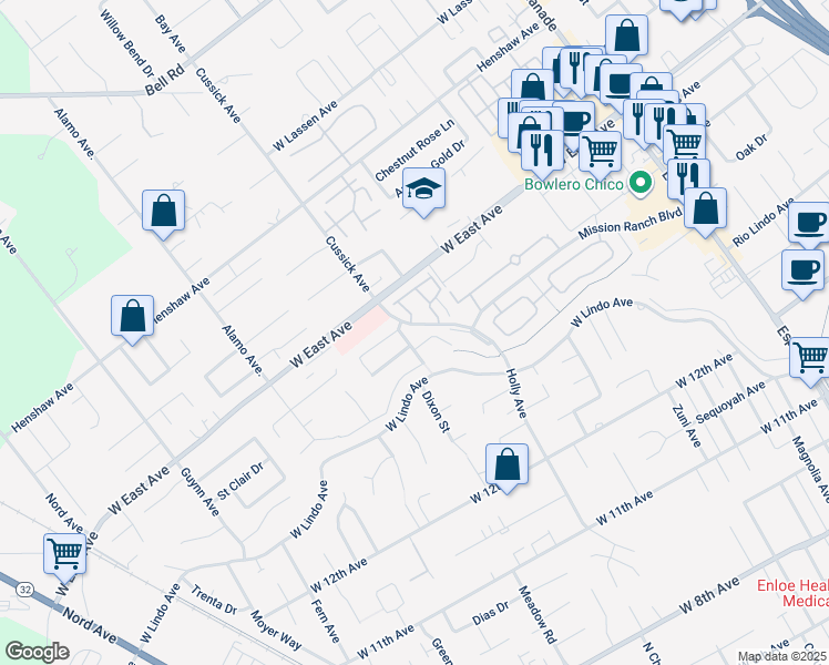 map of restaurants, bars, coffee shops, grocery stores, and more near 2411 Holly Avenue in Chico