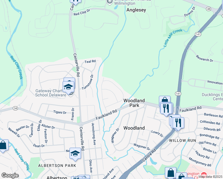 map of restaurants, bars, coffee shops, grocery stores, and more near 2115 Peachtree Drive in Wilmington