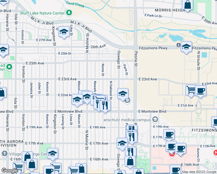 map of restaurants, bars, coffee shops, grocery stores, and more near 2230 Nome Street in Aurora