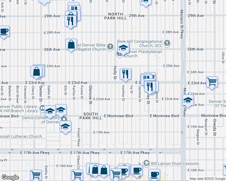 map of restaurants, bars, coffee shops, grocery stores, and more near 2230 Holly Street in Denver