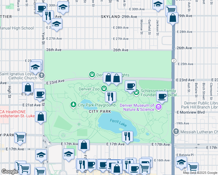 map of restaurants, bars, coffee shops, grocery stores, and more near 2300 Steele Street in Denver