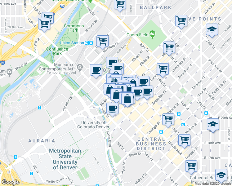 map of restaurants, bars, coffee shops, grocery stores, and more near 1625 Market Street in Denver