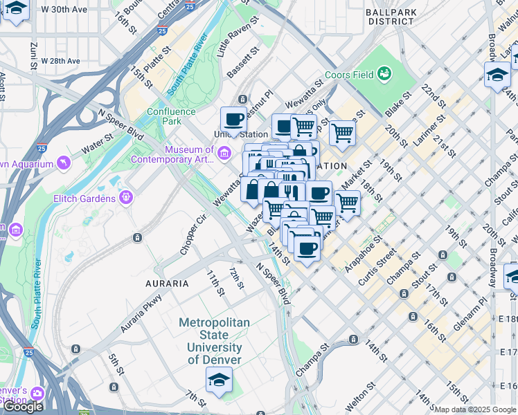 map of restaurants, bars, coffee shops, grocery stores, and more near 1450 Wazee Street in Denver