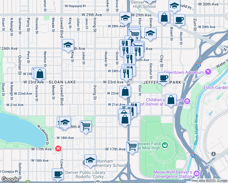 map of restaurants, bars, coffee shops, grocery stores, and more near 2143 Grove Street in Denver