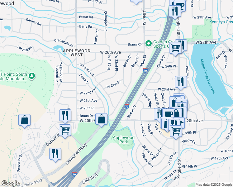 map of restaurants, bars, coffee shops, grocery stores, and more near 13532 West 21st Avenue in Golden