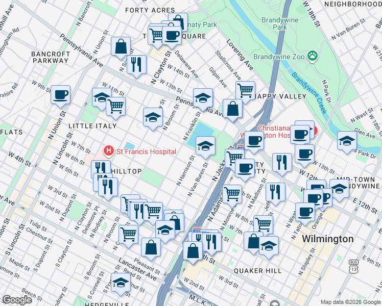 map of restaurants, bars, coffee shops, grocery stores, and more near 1106 West 10th Street in Wilmington